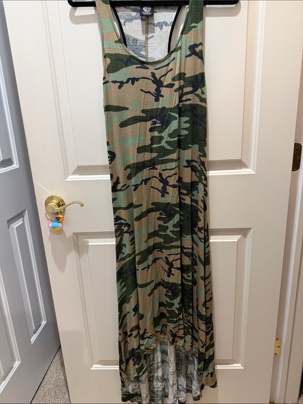 bobeau Camo Racerback High-Low Maxi Dress in Green and Tan